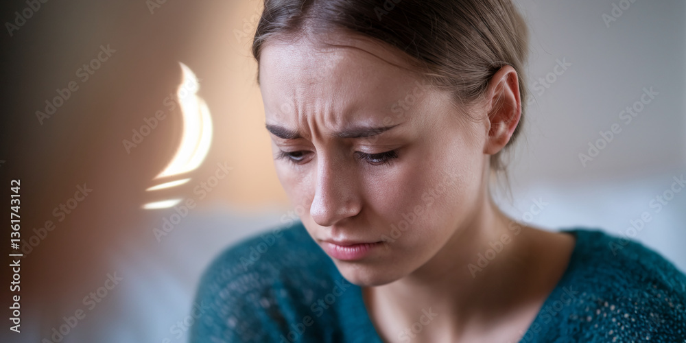 Naklejka premium Close-up of young woman's face, showing sadness and worry, depicted with furrowed brows and downward gaze, conveying feelings of depression and anxiety