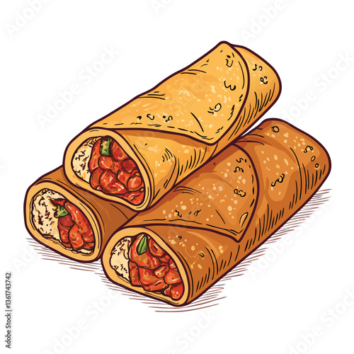 Create a bold, vector illustration of a deep-fried spring roll, emphasizing crispy texture and vibrant colors.  Focus on strong lines and graphic style.