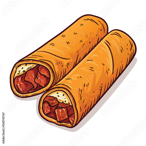 Create a bold vector illustration of a deep-fried spring roll, emphasizing texture and crispy edges.  Use vibrant colors.