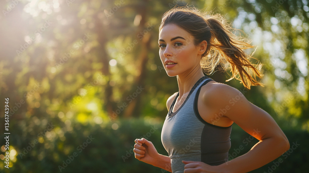 Woman running outdoors in sunlight wearing a grey and black sports bra with a ponytail hairstyle Woman running outdoors in sunlight wearing a grey and black sports bra with a ponytail hairstyle