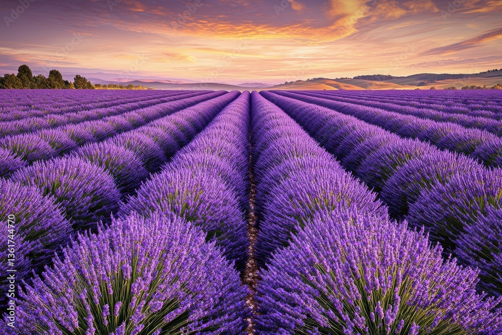 Obraz premium Breathtaking lavender field at sunset with vibrant sky, endless rows of purple flowers stretching to the horizon, serene countryside landscape in bloom.