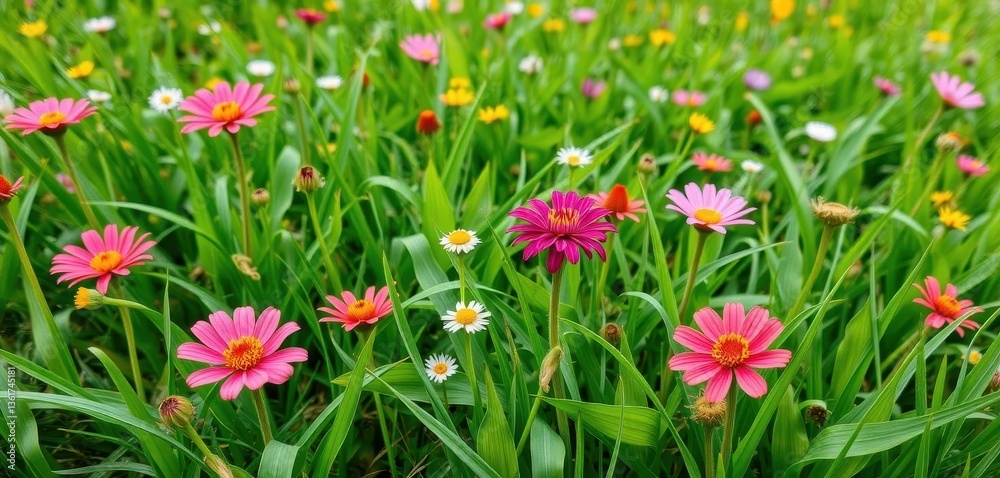 Vibrant green grass with blooming wildflowers and fresh spring leaves, lush, growth Vibrant green grass with blooming wildflowers and fresh spring leaves, lush, growth