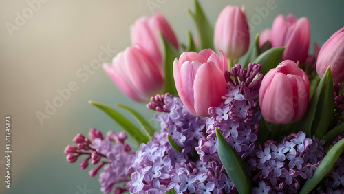 Pink Tulips & Purple Lilacs in Soft Focus Macro Shot, Designed for High-End Advertising Banners & Elegant Product Presentation Copy Space