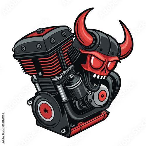 Design a vector illustration of a demonic motorcycle, featuring bold, thick strokes and intense detailing.  Incorporate fiery elements and menacing features.