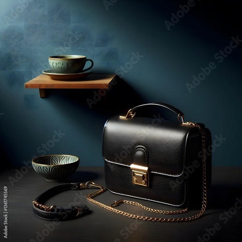 Luxury Black Leather Handbag with Gold Chain photo