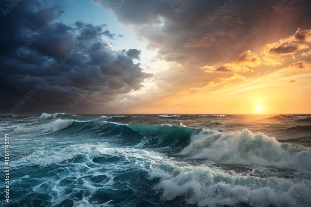 Dramatic ocean waves crashing under a breathtaking sunset, a powerful contrast of stormy clouds and golden light. Dramatic ocean waves crashing under a breathtaking sunset, a powerful contrast of stormy clouds and golden light.