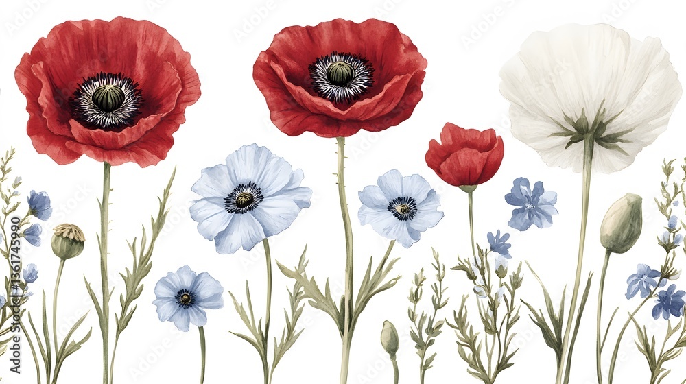Fototapeta premium Watercolor Red and White Poppies Floral Arrangement Botanical Illustration