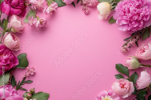 Pink peonies and roses are arranged in frame on pink background. Perfect for greetings, invitations, and other romantic projects.
