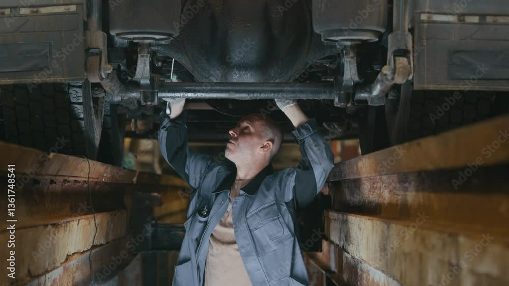 Medium slowmo shot of strong middle-aged Caucasian male mechanic tightening truck brakes with special tool working in auto repair shop