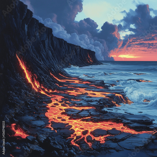 Volcanoes with fire background 