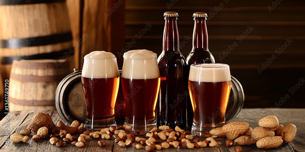 Craft beer still life with glasses and peanuts on wooden table Generative AI