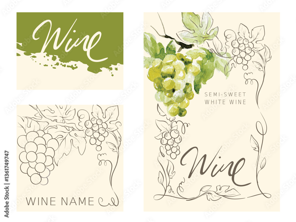 Fototapeta premium Label for white wines with watercolor bunch of grapes. Vector illustrations, backgrounds with grapes, author's hand drawing.