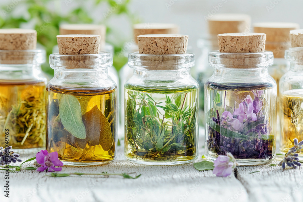 Herbal medicine tinctures in glass jars for natural healing Generative AI
