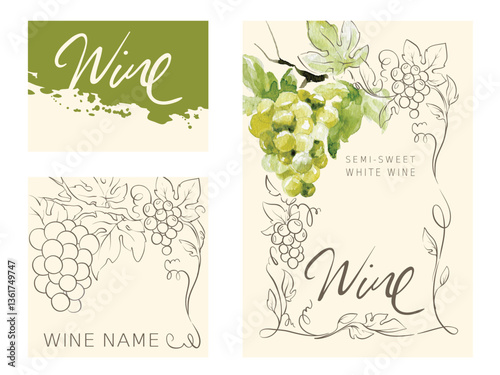 Label for white wines with watercolor bunch of grapes. Vector illustrations, backgrounds with grapes, author's hand drawing.	
