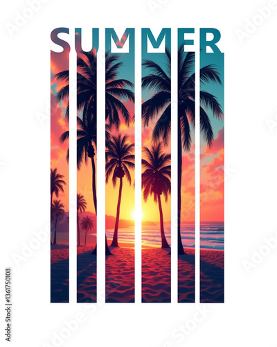 Tropical beach with palm trees at sunset, divided into vertical bars with SUMMER text overlay cutout effect on white background. Retro summer vacation and travel concept