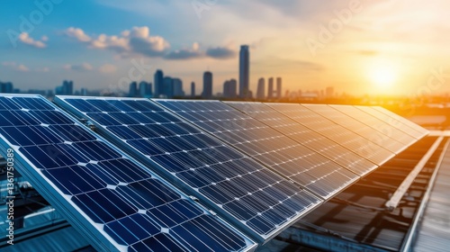 Beautiful view of solar panels installed on a rooftop with a vibrant city skyline and a stunning sunset in the background, emphasizing renewable energy usage.