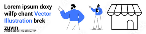 Man in blue shirt gesturing, showcasing teamwork and small business growth. Nearby, storefront symbolizes retail. Ideal for business planning, e-commerce, marketing, retail, local initiatives