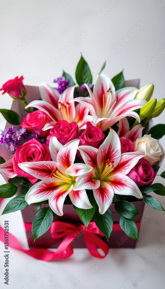 Elegant bouquet of lilies and roses in a gift box, get well, celebration, petals Elegant bouquet of lilies and roses in a gift box, get well, celebration, petals