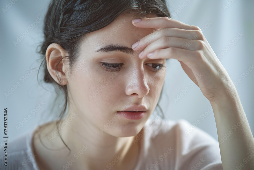 Fototapeta premium Close-up of young woman's face, hand touching forehead, conveying sadness or contemplation, showcasing pensive emotion, suitable for mental health awareness