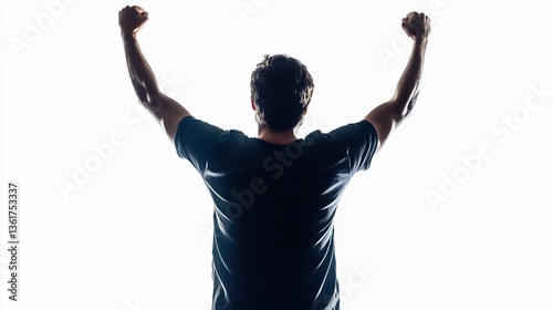 Silhouette of a Man Celebrating Victory Against White Background