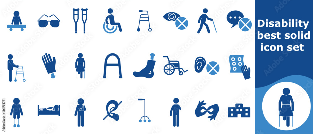 Fototapeta premium Best solid icon set for people with disabilities, social, portrait, customer, line, profile, person, silhouette, adult, male, anatomy, concept, pictogram, web, male, avatar, people and more
