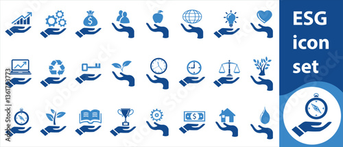 ESG icon set, sustainability, conservation, zero waste, line art, line, company, infographic, pollution, eco, energy, environmental, resources, investment, economy and more