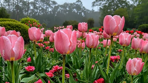 Vibrant pink tulips and flowers bloom in a lush garden under soft rain
