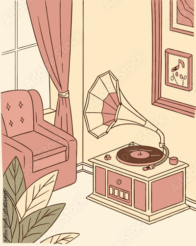 Retro Turntable Playing Vinyl Records in a Cozy Room with Nostalgic Lo-fi Vibes – Vector Illustration