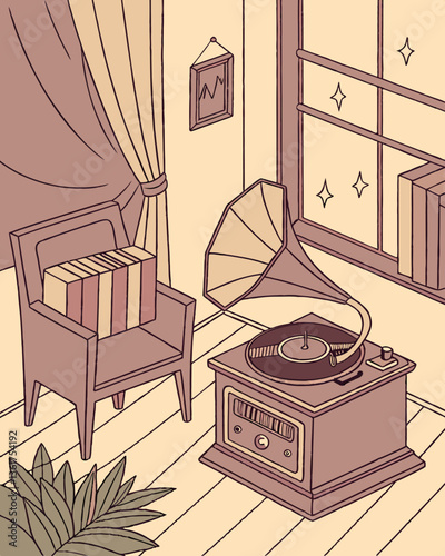 Retro Turntable Playing Vinyl Records in a Cozy Room with Nostalgic Lo-fi Vibes – Vector Illustration