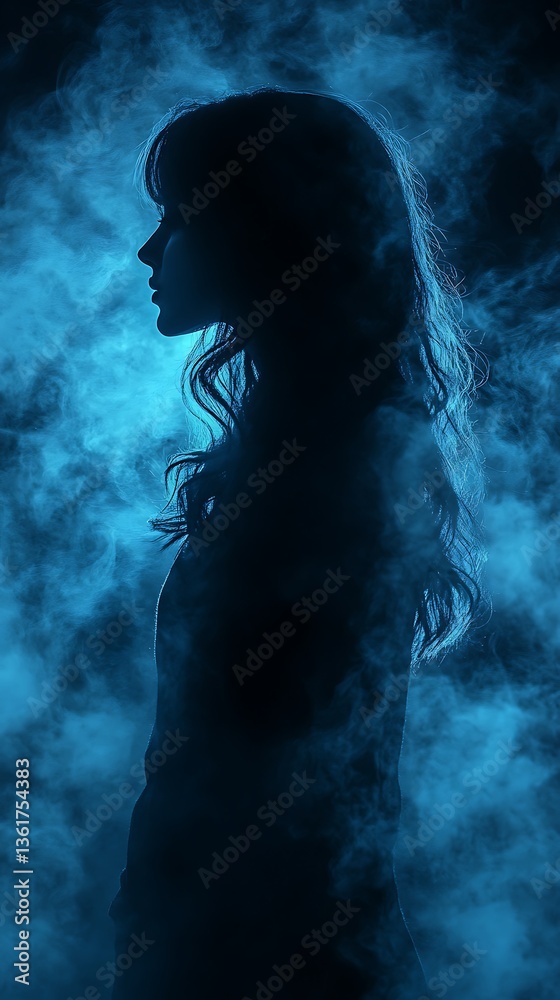 Obraz premium : Silhouette of a Person with Wavy Hair Against a Blue Misty Background
