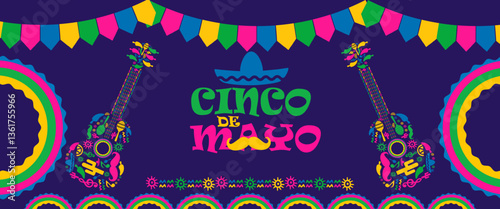 Cinco de Mayo colorful fun design. Mexican fiesta concept. Banner, poster  template background for mexico independence celebration with music and giutar, flowers, decorations and copy space for text.