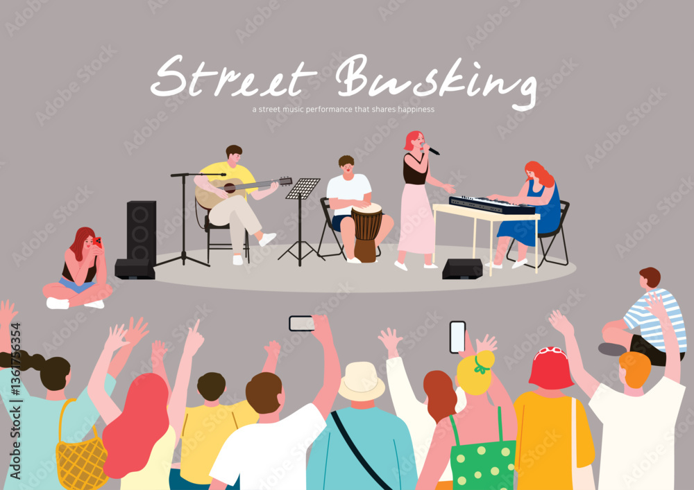 Fototapeta premium Illustrated images of street busking performances with people 