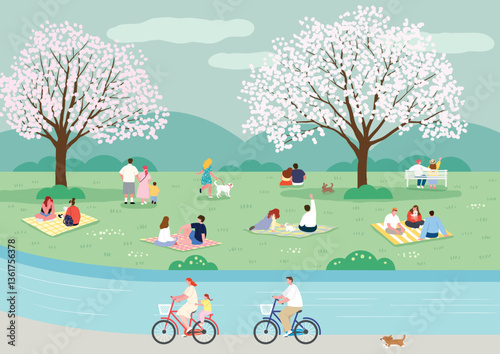 Illustration of scenery of people enjoying picnics and relaxation in the park on a sunny spring day with cherry blossoms in full bloom