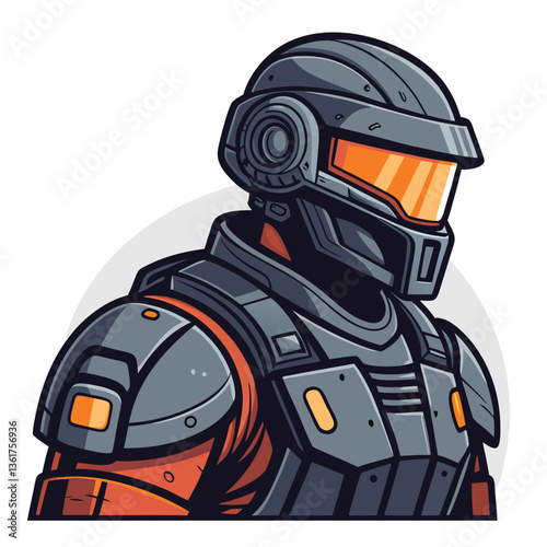 Create a bold, vector illustration of a futuristic soldier, emphasizing dynamic lines and strong silhouettes.  Focus on technological details and a powerful pose.