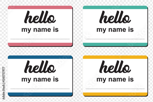 Hello my name is, sticker label set. Meeting, introduction, vector flat colored illustration on white background .