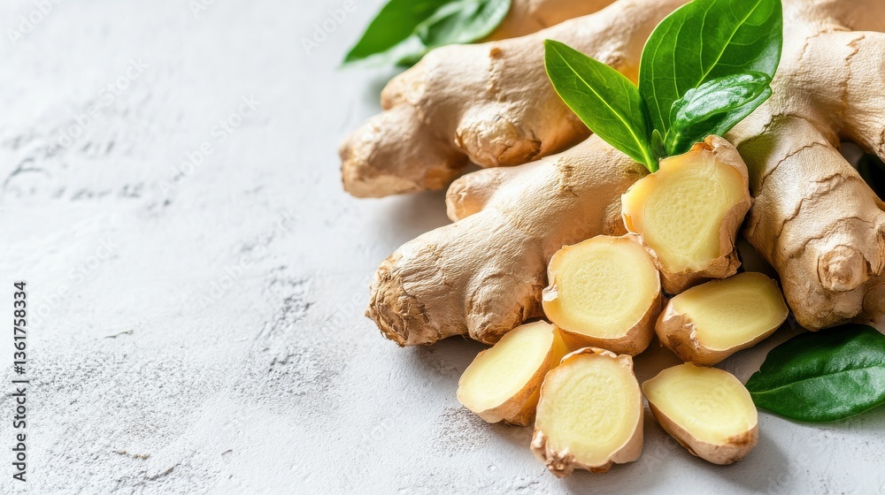 Fresh Ginger Root Slices with Green Leaves on White Background Fresh Ginger Root Slices with Green Leaves on White Background
