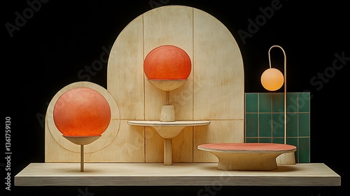 Minimalist wooden display with orange sphere lamps.