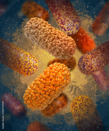 Medical conceptual background, antibiotic resistance when dangerous pathogenic bacteria become resistant to antibiotics and antimicrobial drugs, 3d rendering