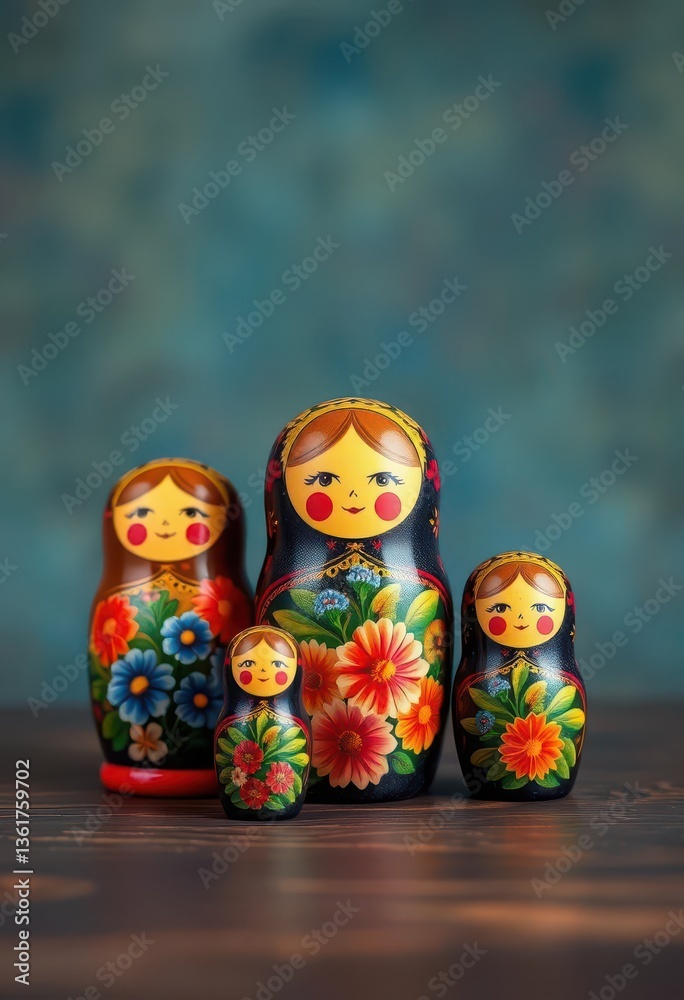 Set of five intricately painted wooden nesting dolls, largest at front, souvenir, miniature, toys Set of five intricately painted wooden nesting dolls, largest at front, souvenir, miniature, toys