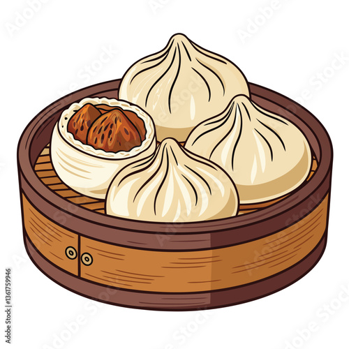 Create a vector illustration of a giant, steaming bao bun overflowing with soup; utilize bold, impactful strokes and vibrant colors.