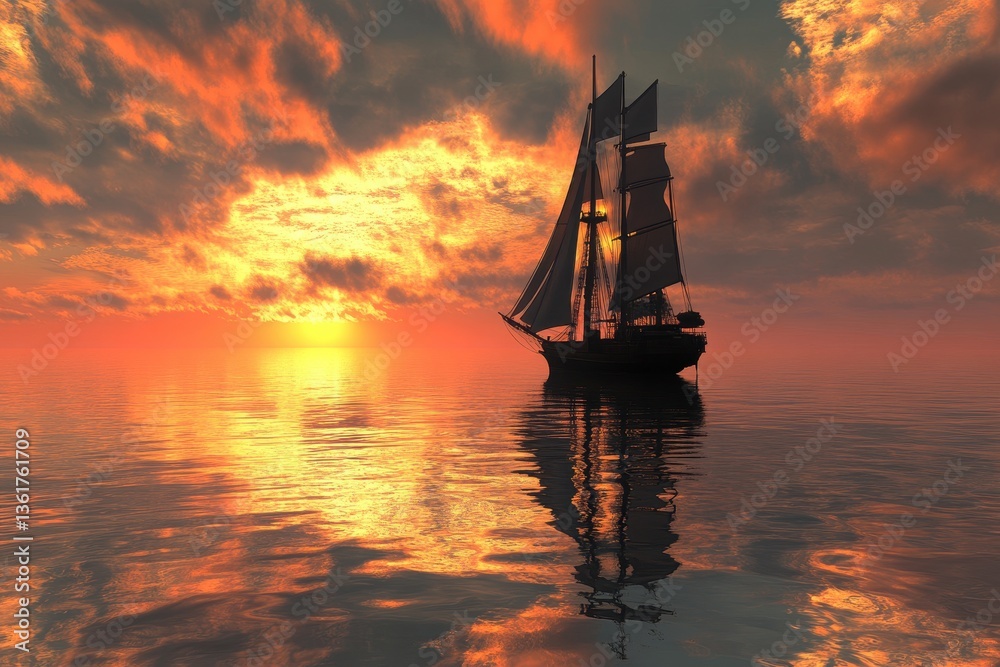 Fototapeta premium Sailing ship silhouette on calm waters, with a vibrant orange and yellow sunset. Depicting serenity, adventure, or the beauty of maritime travel experiences.