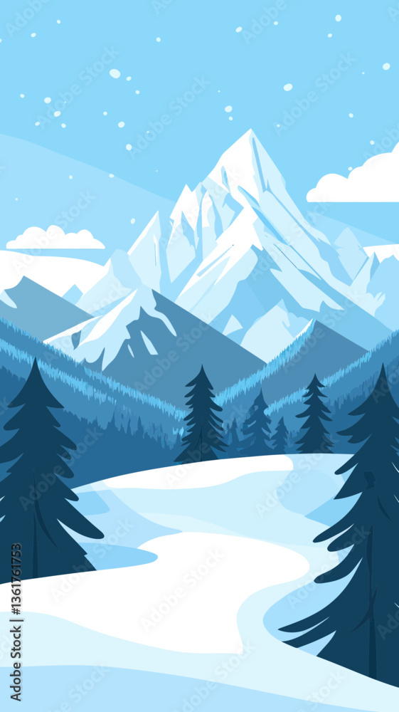 Fototapeta premium Winter Mountain Landscape in Minimalist SVG Vector Style with Snowy Peaks and Fir Trees