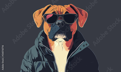 Trendy Boxer Dog in Jacket and Sunglasses Minimalist Vector Illustration