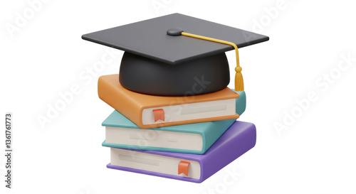 Isolated Books Stack with Graduation Hat