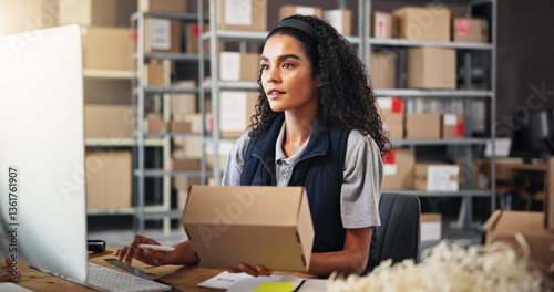 Woman, computer and box for warehouse distribution of inventory management, online order and stock. Person, digital and package for supply chain, quality control and information for delivery schedule