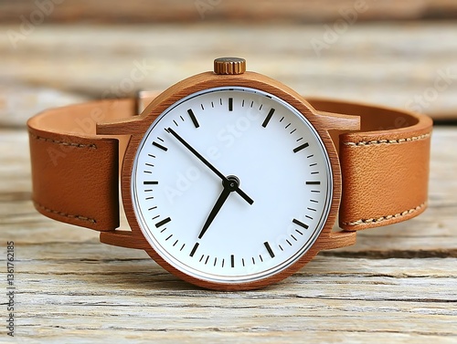 Minimalist wooden wristwatch with tan leather strap.