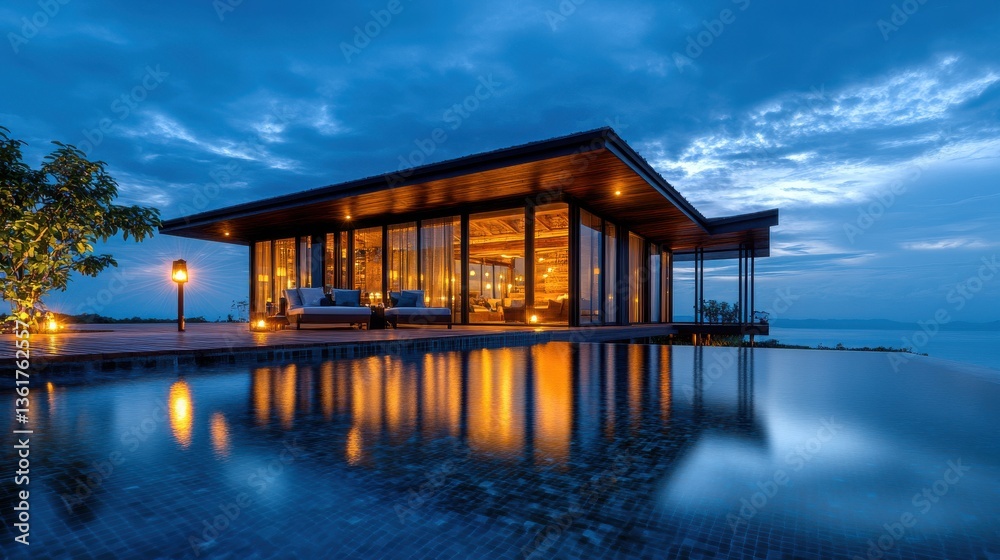 Modern villa with pool at twilight, reflecting lights and serene landscape Modern villa with pool at twilight, reflecting lights and serene landscape