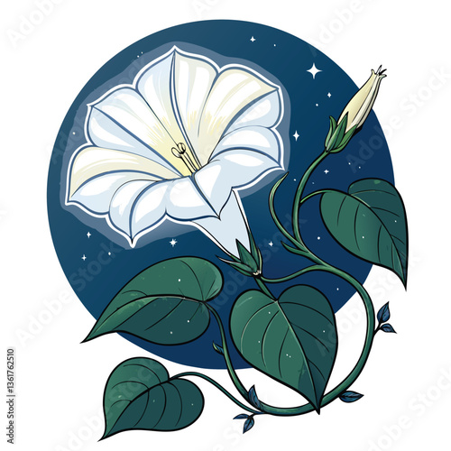 Create a vector illustration of a glowing moonflower, featuring bold, thick strokes and a vibrant color palette. Emphasize luminescence.