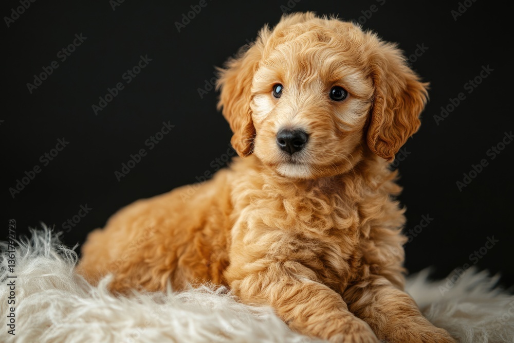 Fototapeta premium Mini Goldendoodle: Fluffy Cream Breed Dog Sitting in Studio