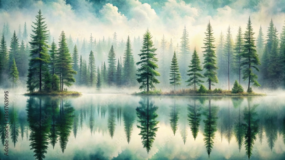 Fototapeta premium Serene Island in a Misty Evergreen Forest Reflected in Still Waters, a Tranquil and Picturesque Scene